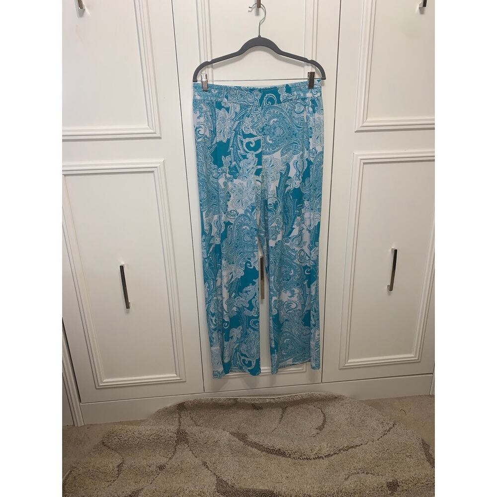 IMAN Women's XL Wide-Leg Paisley Pull-On Pants Blue Casual Shimmer